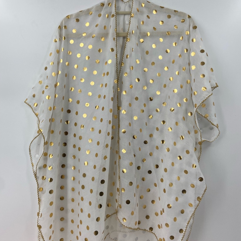 NWT 2 Chic Shawl or Cape, Sheer White with Gold Metallic Polka Dots  One Size